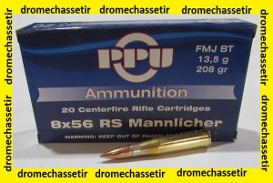Boite de 20 cartouches calibre 8x56 RS Mannlicher, 208 grains FMJBT
