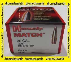 boite de 100 ogives Hornady Match BTHP cal 30 poids 195 grains ref 3095