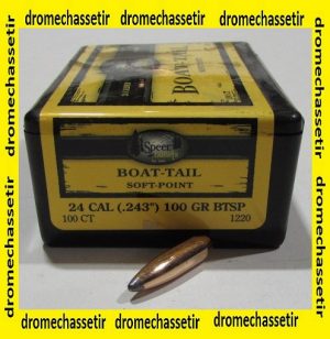 Boite 100 ogives Speer cal 243 en 100 grains Boat tail Soft Point, ref 1220
