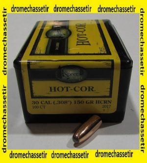 Boite 100 ogives Speer cal 30 en 150 grains Hot Cor SP round nose, ref 2017