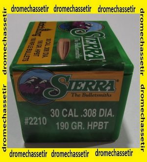 boite de 100 ogives Sierra .308, 190grs HPBT Matchking , ref 2210