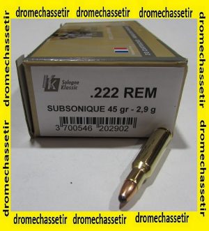boite 20 cartouches de calibre 222 remington Sologne Subsonique 45 grains SP