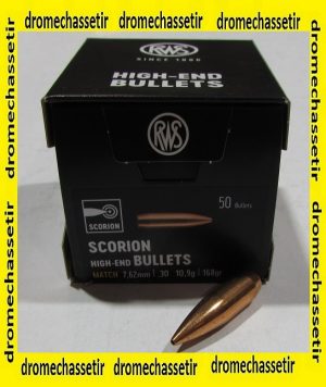 boite 50 ogives RWS cal 30 diametre 0.308, SCORION MATCH HPBT 168 grains