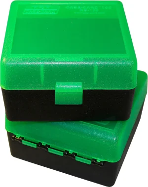 Boite de rangement MTM calibre small x100 vert transparent fond noir