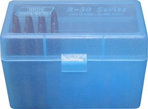Boite de rangement MTM calibre magnum x50 bleu transparent