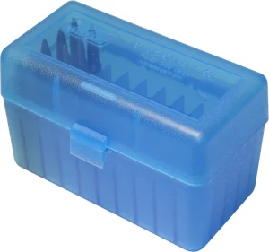 Boite de rangement MTM 50 munitions calibre 45/70 RMLD bleu transparent