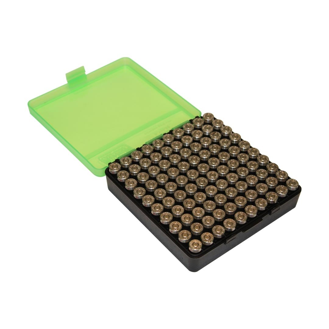 Boite de rangement MTM 100 munitions cal 44 Mag noire et verte transparente