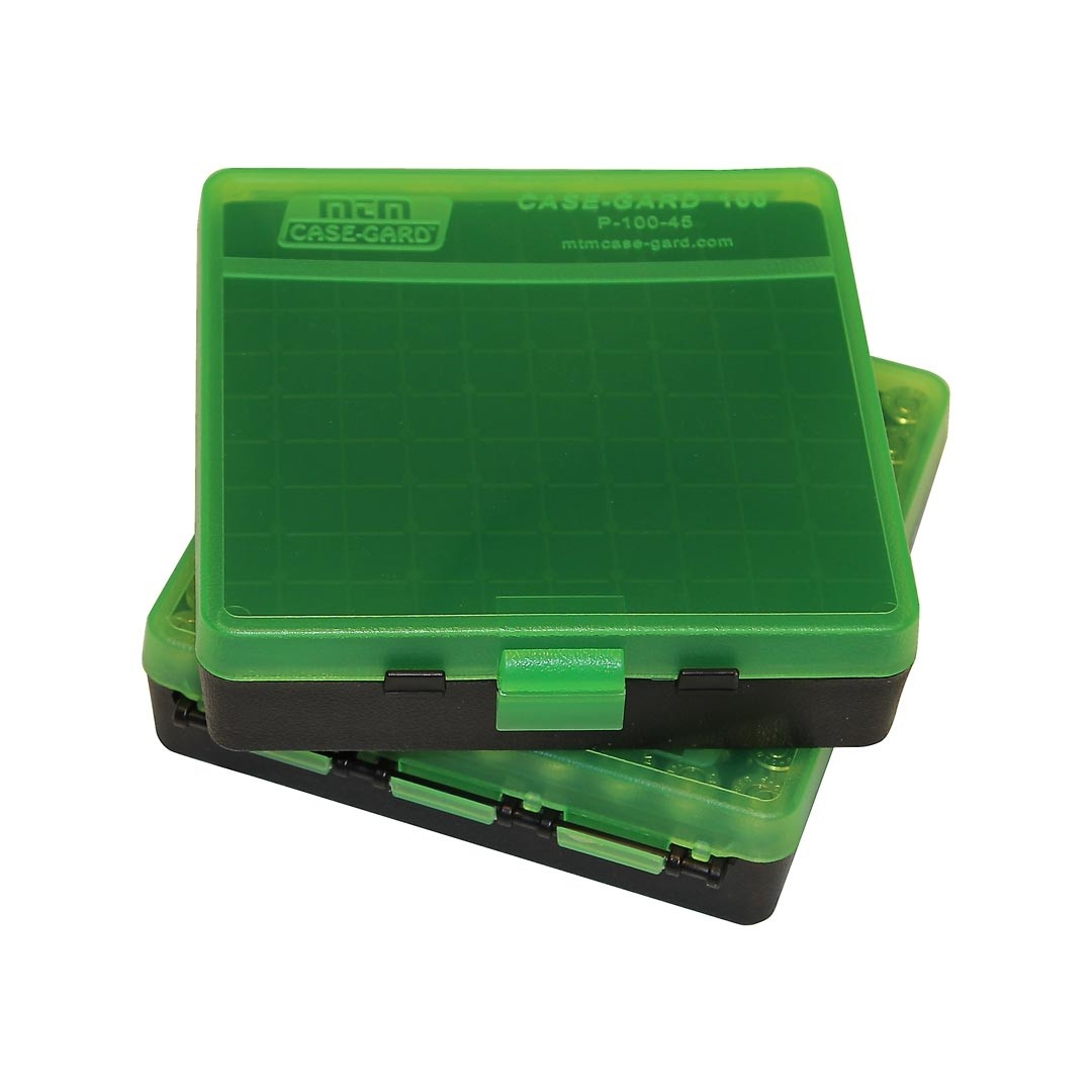 Boite de rangement MTM 100 munitions cal 44 Mag noire et verte transparente