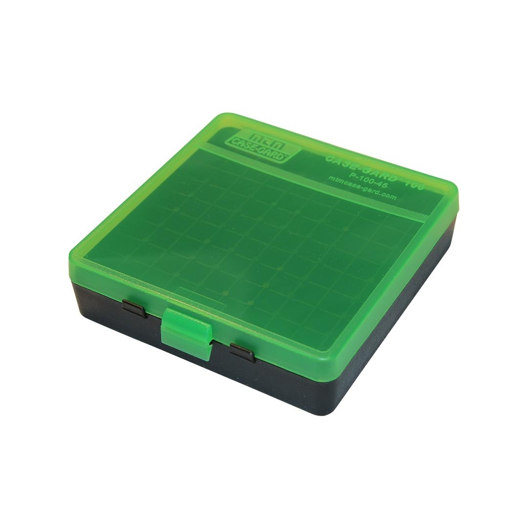 Boite de rangement MTM 100 munitions cal 44 Mag noire et verte transparente