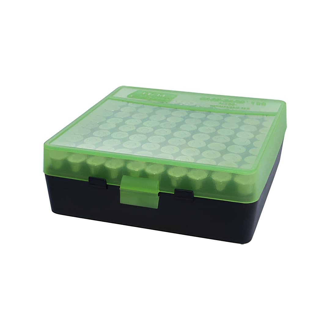 Boite de rangement MTM 100 munitions cal 44 Mag noire et verte transparente
