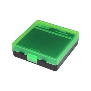 Boite de rangement MTM 100 munitions cal 9x19/380 acp noire et verte transparente