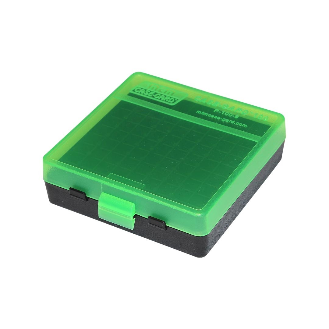 Boite de rangement MTM 100 munitions cal 9x19/380 acp noire et verte transparente