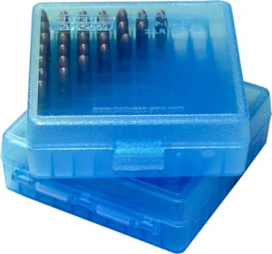 Boite rangement MTM 100 munitions calibre 9x19 P100-9 bleu transparent