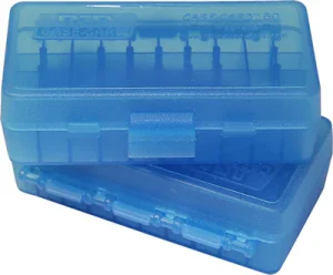 Boite rangement MTM 50 munitions calibre 38/357 P50-38 bleu transparent